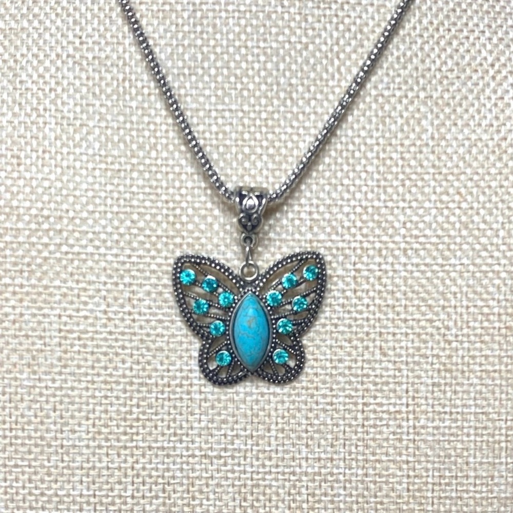 Silver Butterfly Pendant Necklace W/ Sparkling Rhinestones & Teal Howlite